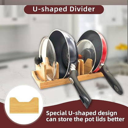 Pozmrtsr Bamboo Pot Lid Organizer for Cabinet & Kitchen Counter, Pan Lid Organizer Inside Cabinet, Pot Lid Holder, Sheet Pan Rack, Adjustable Pot Cover Holder Rack for Countertop, Under Cabinet