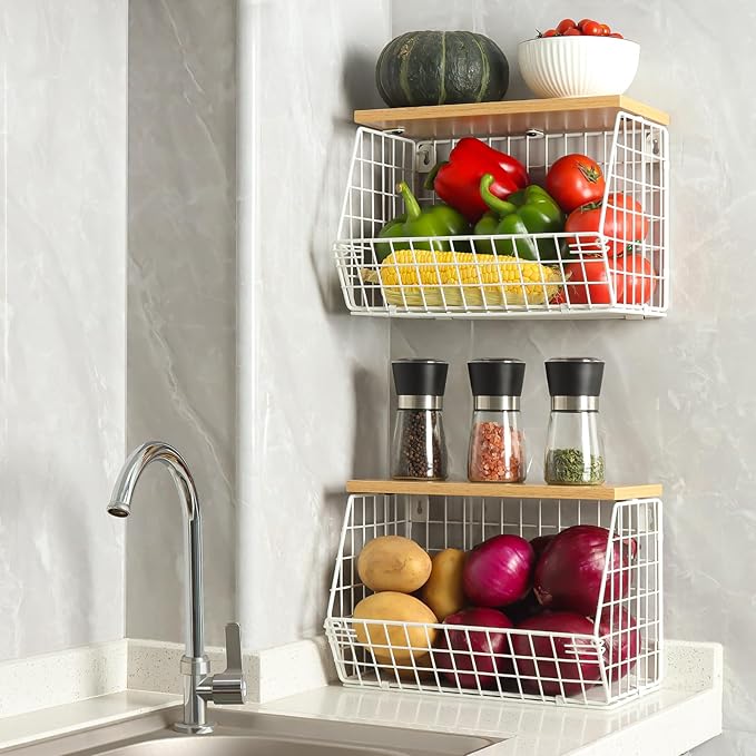 Fruit Basket, 2-Tier Fruit Bowl for Kitchen Counter, Stackable Wall Mounted Fruit Storage, Snack Organizer, Potato and Onion Storage Basket, Hanging Pantry Storage with Wood Lid, 2 Set, White