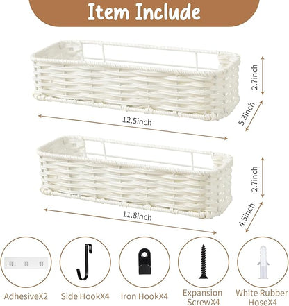 Hanging Wall Basket, Adhesive Wall-Mounted Organizer for Storage, Plastic Wicker Woven Storage Shelves for Kitchen, Bedroom, Bathroom, Livingroom, 2-Pack, Off White Color