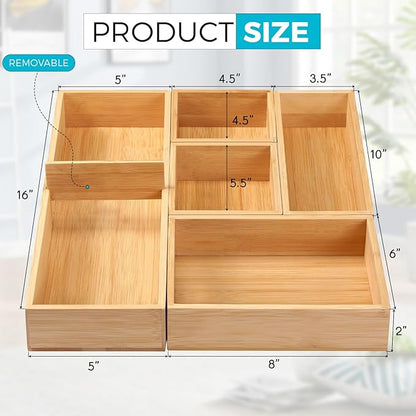 Fabsome Bathroom Drawer Organizer, Bamboo Box Bin for Junk Vanity Desk Makeup Drawer, Small Wooden Container Tea Storage Organization Tray for Kitchen Office, Set of 5
