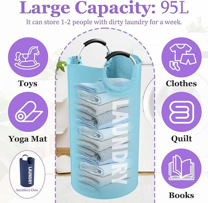 2Pcs Foldable Laundry Basket with Handles, 95L Large Clothes Hampers for Men, Tall Laundry Bin Stand Up Well, Portable Storage Basket for Family, Flat, Blue + Navy Blue