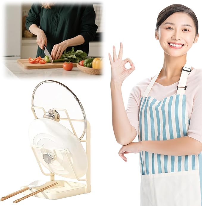 Pot Lid Organizer and Holder, Kitchen Countertop Storage Rack with Removable Drip Tray & Spoon Rest, 2-Tier Space-Saving Stand for Pots and Pans Lids