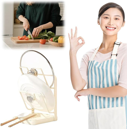 Pot Lid Organizer and Holder, Kitchen Countertop Storage Rack with Removable Drip Tray & Spoon Rest, 2-Tier Space-Saving Stand for Pots and Pans Lids