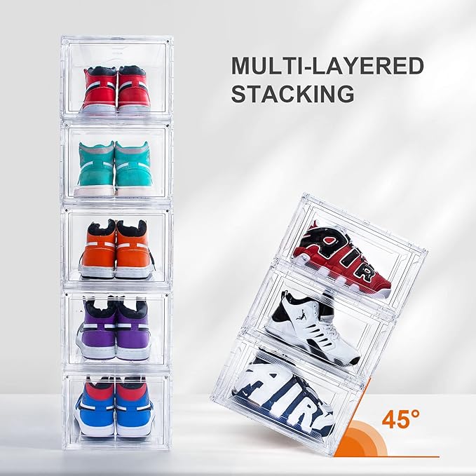 SAISTORY 6 Pack Shoe Boxes Clear Stackable, Large Shoe Storage Boxes, Space Saving Acrylic Shoe Boxes, Foldable Shoe Container Boxes that Fits Up to Size 14 Shoes (10 Pack Transparent)