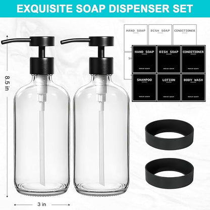 RYTOXILO Clear Soap Dispenser 2 Pack, Glass Soap Dispenser with Stainless Steel Pump, 16.9 Fl oz Refillable Kitchen Hand and Dish Soap Dispensers Set, Modern Clear Soap Lotion Dispensers Bottle
