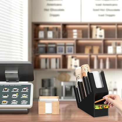 WINFFOR 3-Compartment Disposable Cup Holder - Cup and Lid Holder with Straw Organizer Black Acrylic Cup Dispenser with Coffee Pod Storage for Coffee Station Bar Countertop Restaurant Breakroom