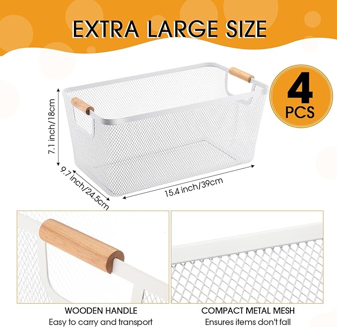 4 Pcs Metal Wire Basket with Wooden Handles Mesh Steel Storage Organizer Bin Containers for Home Cabinet Pantry Closet Kitchen Fridge Fruit Makeup Snacks Gifts(Extra Large,Cream White)