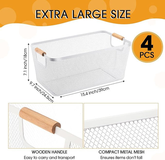 4 Pcs Metal Wire Basket with Wooden Handles Mesh Steel Storage Organizer Bin Containers for Home Cabinet Pantry Closet Kitchen Fridge Fruit Makeup Snacks Gifts(Extra Large,Cream White)
