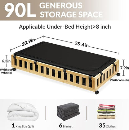 Gashell 2 Pack Bamboo Under Bed Storage with Wheels, 39”x20”x7.8” Lager Under Bed Storage Containers (Natural)