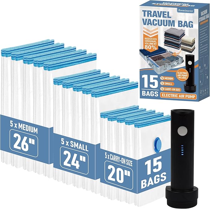 15 Pack Travel Vacuum Storage Bags with Rechargeable Wireless Electric Pump, Travel Packing Bags for Luggage and Suitcase, Carry-on Size Compression Space Saver for Clothes and Clothing