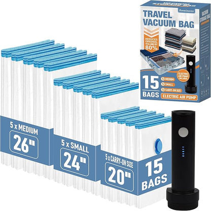 15 Pack Travel Vacuum Storage Bags with Rechargeable Wireless Electric Pump, Travel Packing Bags for Luggage and Suitcase, Carry-on Size Compression Space Saver for Clothes and Clothing