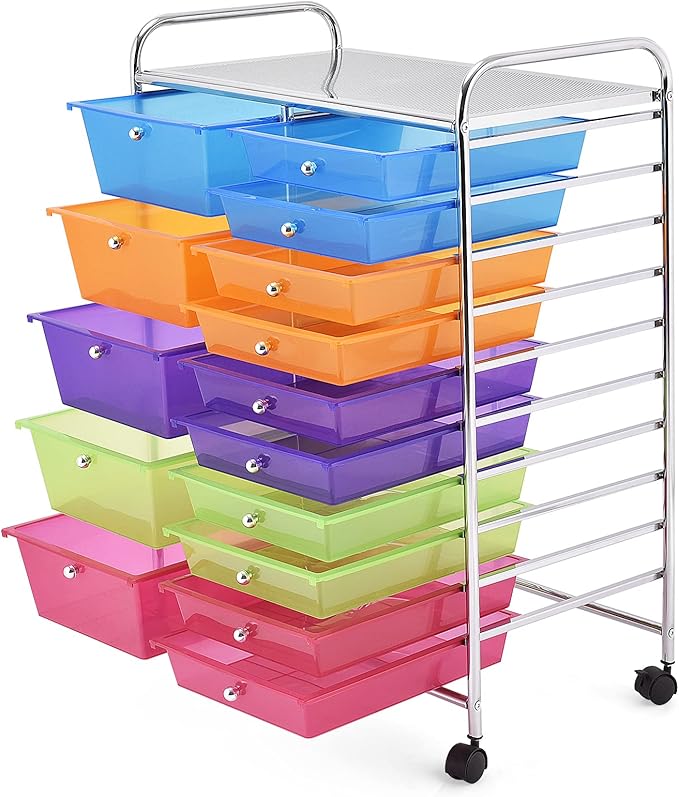 KOTEK 15-Drawer Rolling Storage Cart, Multipurpose Mobile Utility Cart with 4 Wheels, Home Office School Tools Scrapbook Paper Organizer (Multicolor)