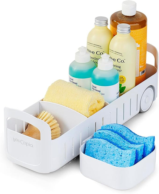 YouCopia RollOut Caddy Rolling Storage Bin with 2 Adjustable Dividers and Removable Basket for Kitchen and Bathroom Under Sink Organization, 5" Wide