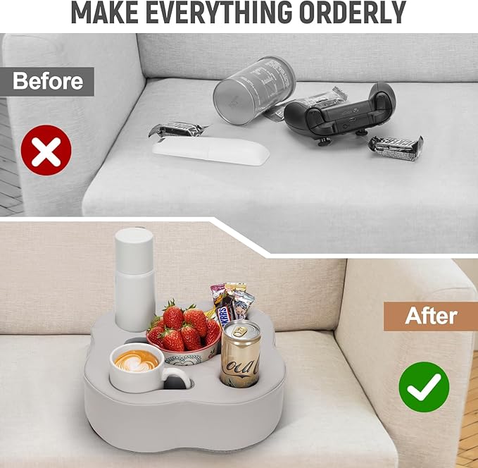 Couch Cup Holder Pillow, Sofa Organizer Caddy Bed Refreshment Tray for Drinks, Remotes, Phones, Snacks (PUGrey)
