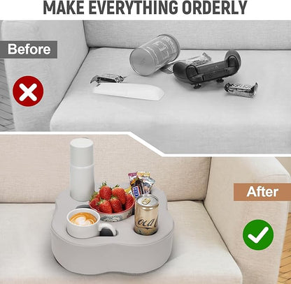 Couch Cup Holder Pillow, Sofa Organizer Caddy Bed Refreshment Tray for Drinks, Remotes, Phones, Snacks (PUGrey)