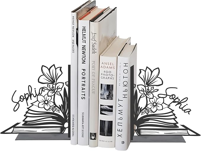 Personalized Flower Book Ends for Shelves 2 Pcs, Custom Name Metal Book Holders, Unique Bookends for Heavy Books, Non-Slip Book Stopper, Home Office Desk Bookshelf Decor, Customized Gifts