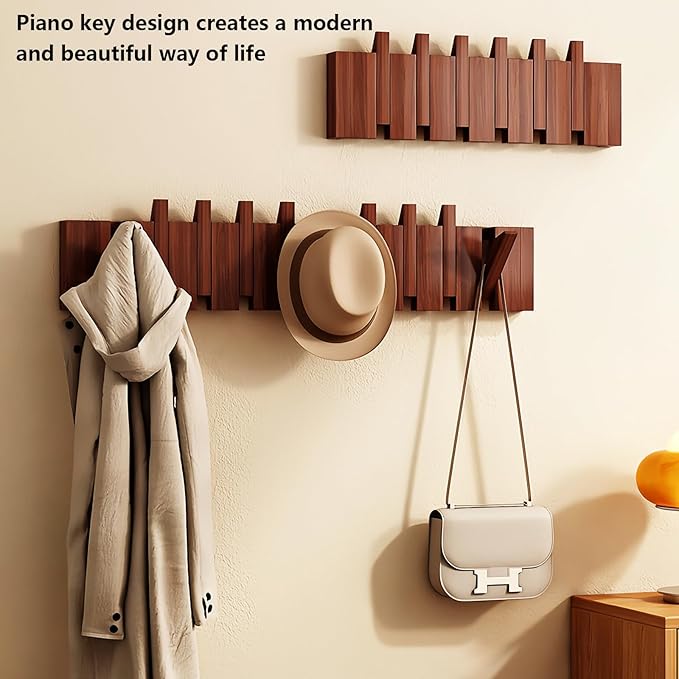 Wall Mounted Coat RackHooks Piano Key Hangers Natural Solid Wood Hanger Non-Woven Fabric Clothes Hangers for Closet, Kitchen, Bedroom, Bathroom, Entryway (Walnut, 6 Hooks)