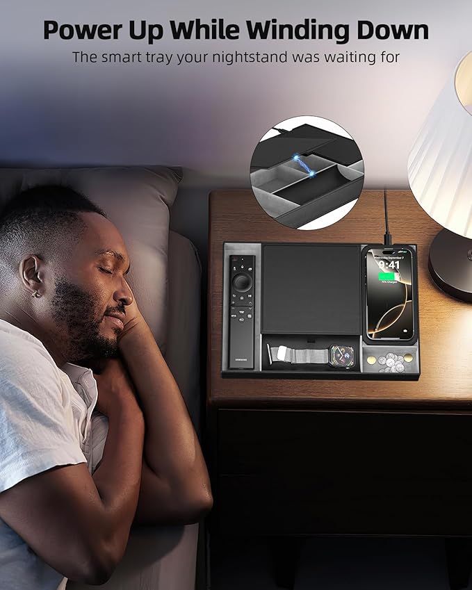 Valet Tray, Nightstand Organizer with Wireless Charger Pad for iPhone 17/16/15/14/13/12/11 Series, Valet Charging Station, Faux Leather Valet Tray for Men and Women