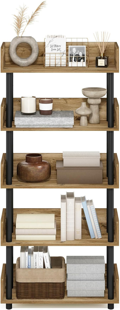 Furinno TURN-N-TUBE 4-Tier Display Shelf, Storage Shelves, Book Shelf, Open Shelves with Rounded Corner Top Edges, for Organization and Storage, Living Room, Home Office, Flagstaff Oak