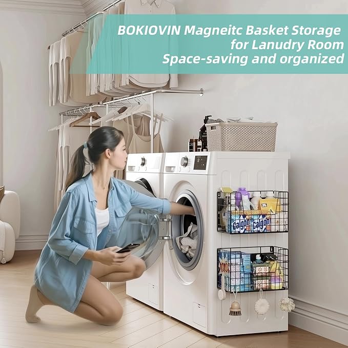 2-Pack Magnetic Laundry Basket Organizer Storage,Magnetic Shelves for Washer Dryer Organizer,Hanging Laundry Basket for Washing Machine(Black)