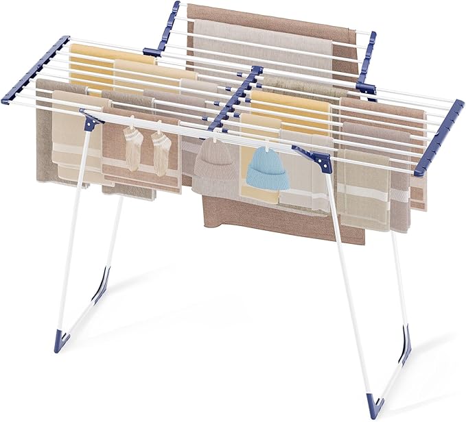 KINGBOARD Clothes Drying Rack Foldable, Extendable Laundry Drying Rack with 2 Wings,Heavy Duty Drying Rack Clothing, Portable Clothes Drying Rack for Indoor Outdoor, Large Capacity Laundry Rack, White