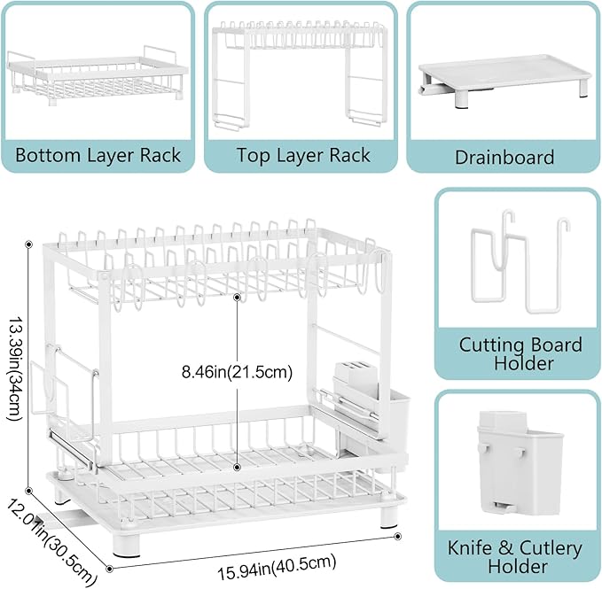 Nfnoyp Multifunctional Dish Drying Rack - Rustproof, 2-Tier Dish Racks with Drainboard, Space-Saving Design, Utensil & Cup Holder for Kitchen Counter, White
