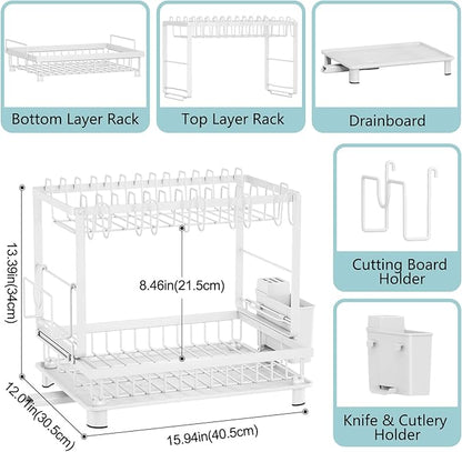 Nfnoyp Multifunctional Dish Drying Rack - Rustproof, 2-Tier Dish Racks with Drainboard, Space-Saving Design, Utensil & Cup Holder for Kitchen Counter, White