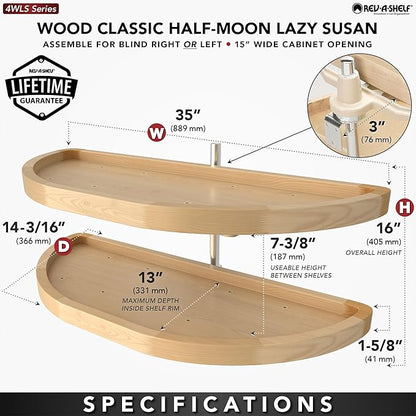 Rev-A-Shelf 35" Dual Shelf Half Moon Lazy Susan Organizer for Blind Corner Kitchen Cabinets, Pull Out Turntable Storage Trays, Wood, 4WLS882-35-570
