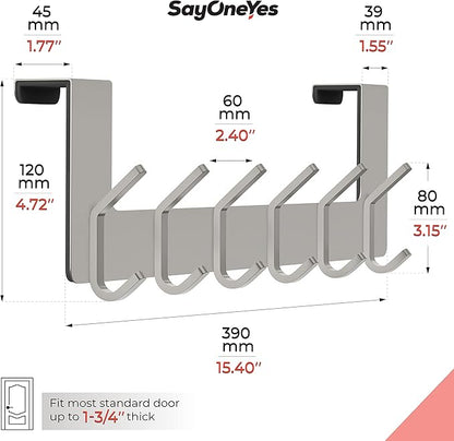 Brushed Nickel Over The Door Hooks – Heavy Duty Stainless Steel Door Hanger with 6 Double Hooks for Hanging Towels, Coats, Robes, Hats, Bags – No Drill Over Door Towel Rack for Bathroom & Bedroom