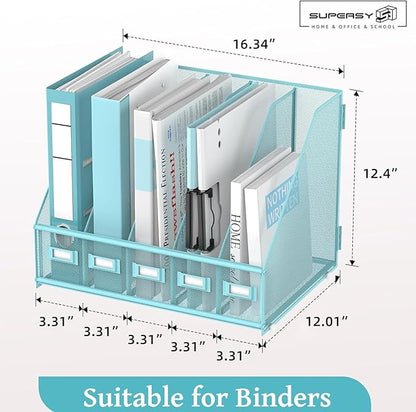 SUPEASY Desk Organizers Metal Desk Magazine File Holder with 5 Vertical Compartments Rack File Organizer for Office Desktop, Home Workspace, Blue Plus