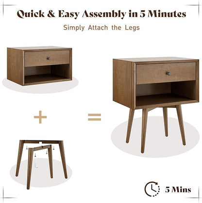 AMERLIFE Solid Wood Nightstand Set of 2, Fully Assembled End Table with Storage Drawer & Open Cubby, Mid-Century Modern Side Table for Bedroom, Walnut
