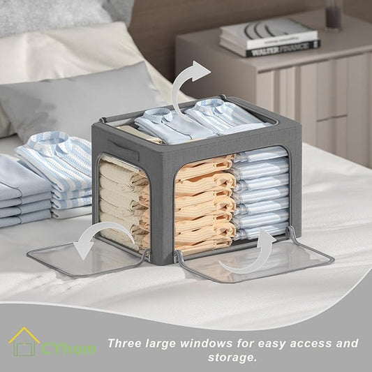 3 Openings Clothes Storage Bins Box - 3Pack Stackable Foldable Storage Bin - Metal Frame Storage Box Clothing Storage Organizer with Clear Window, Carry Handles (Drak Grey, 100L-23.6x16.5x15.7in)