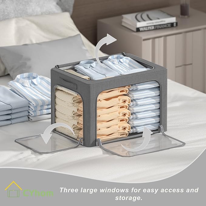 3Pack Stackable Foldable Storage Bin - Metal Frame Storage Box Clothing Storage Organizer with Clear Window, Carry Handles (66L-19.7x15.7x13in, Dark Grey)