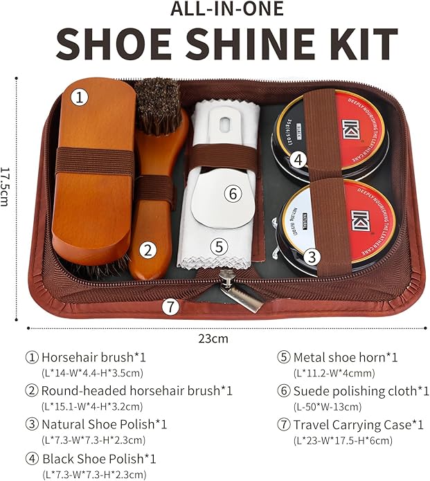 IKI Shoe Shine Polish Kit - 7PCS Leather Boot Care Kit with Black Shoe Polish Horsehair Brush Cloth Shoe Horn for Men