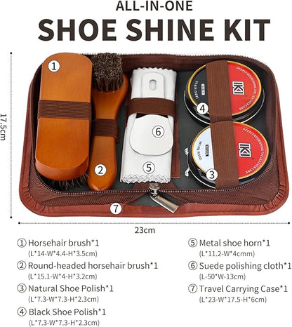 IKI Shoe Shine Polish Kit - 7PCS Leather Boot Care Kit with Black Shoe Polish Horsehair Brush Cloth Shoe Horn for Men