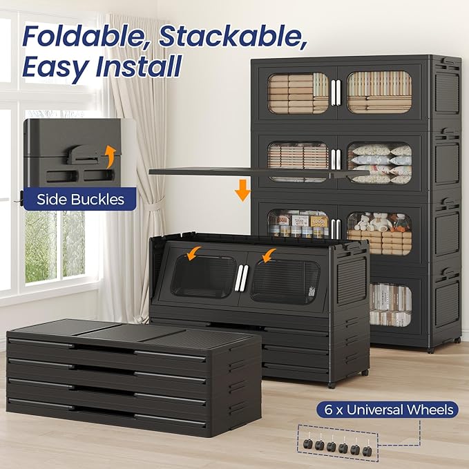 250Gal Exra Large Stackable Storage Bins with Lid, 1000QT Collapsible Storage Box with 6x Wheels, Folding Plastic Cabinet Container with Door Drawer for Home Kitchen Office Dorm, 5Pack Black