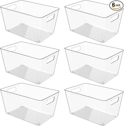 6 Pack Clear Plastic Storage Bins, 11" Large Pantry Organizer Bins with Handles, Plastic Containers for Refrigerator,BPA-Free Perfect for Kitchen,Fridge,Cabinet,Pantry(Cream)