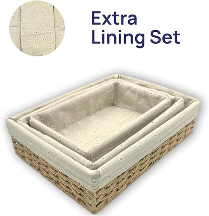 CT SUN Woven Storage Baskets for Shelves, 3-Piece Shallow Paper Rope Bins with 2 Sets of Liners (Cream & Daisy Print), Wicker Style Trays for Pantry, Bathroom, Kitchen Counter, Bread & Nursery