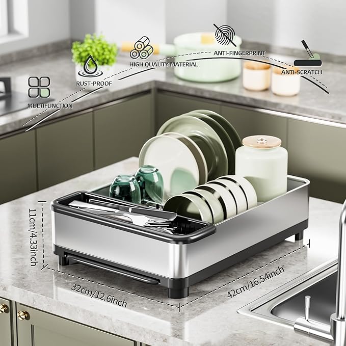 Ewaiira Dish Drying Rack, 304 Stainless Steel Dish Racks for Kitchen Counter, Dish Drainers with Automatic Drainage, Utensil Holder & Cups Holder, Space Saving Kitchen Organizer (1-Tier Silver)