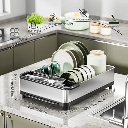 Ewaiira Dish Drying Rack, 304 Stainless Steel Dish Racks for Kitchen Counter, Dish Drainers with Automatic Drainage, Utensil Holder & Cups Holder, Space Saving Kitchen Organizer (1-Tier Silver)