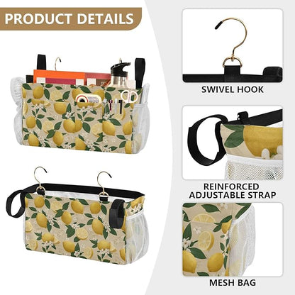CuwrYet Bedside Caddy Hanging Bunk Bed Caddy Bed Organizer Hanging Pocket with 2 Hooks Bedside Storage Organizer Pocket Bag Holder Beige Lemons and Flowers