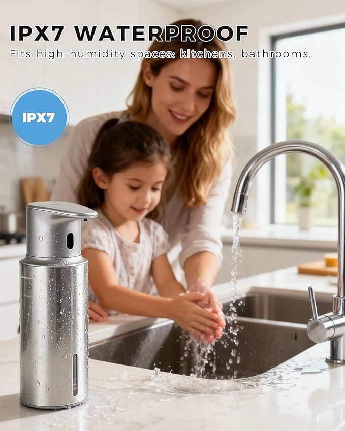 DODO MEKIA Automatic Liquid Soap Dispenser Touchless, 304 Stainless Steel Bottle Body &16.2oz/480ml Rechargeable, 3 Adjustable Liquid Levels, IPX7 Waterproof, for Kitchen Bathroom, Stainless Steel