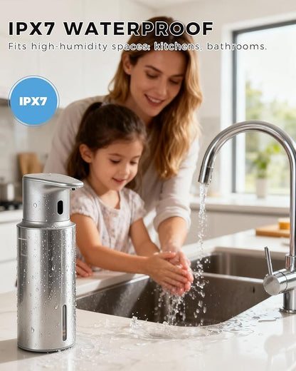 DODO MEKIA Automatic Liquid Soap Dispenser Touchless, 304 Stainless Steel Bottle Body &16.2oz/480ml Rechargeable, 3 Adjustable Liquid Levels, IPX7 Waterproof, for Kitchen Bathroom, Stainless Steel