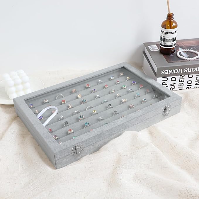 Wudygirl 7 Slot Ring Holder Velvet Jewelry Organizer Jewelry Tray for Drawer Rings Storage Ring Display Showcase Tray Stackable(Ring Box)