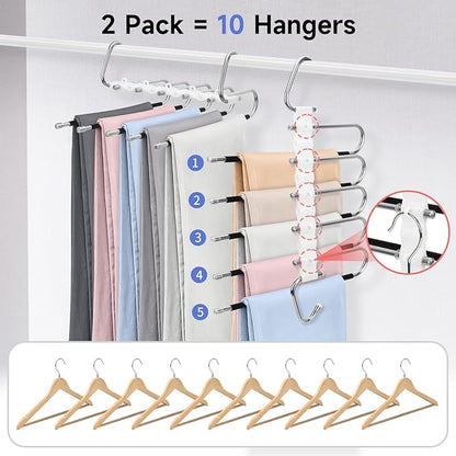 SAN LIKE 2 Pack 5 Layers Pants Hangers Space-Saving Stainless Steel Closet Hangers 20pcs Fixed Clips Non-Slip Multi-Functional Pants Rack Two Hanging Modes for Trousers Jeans Leggings Scarf Skirts
