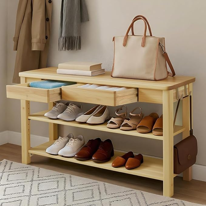 Wood Shoe Bench Entryway with Drawer: 3-Tiers Wooden Storage Shoe Rack with Bench Seat, Compact Mid-Century Modern Design for Entryway, Hallway,Closet,Front Door Entrance,Foyer Natural 39.3"