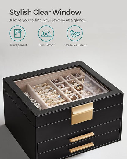 SONGMICS Jewelry Box Organizer with Glass Lid, 3-Layer Jewelry Storage, with 2 Drawers, Modern Style, 8 x 9.1 x 5.3 Inches, Graphite Black and Gold Color UJBC239B03