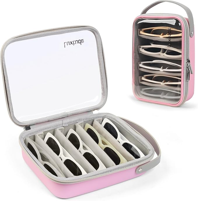 Luxtude Travel Sunglasses Organizer Case for Women Men, Glasses Case Multiple Pairs w/Adjustable Slot, Clear Sunglass Storage