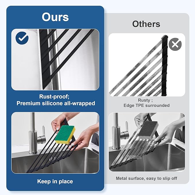 Triangle Roll Up Dish Drying Rack with Silicone Coated and Stainless Steel Over The Sink, Foldable, Anti-Rust and Anti-Slip Kitchen Drainer & Organizer for Top of Sink Corner, Black
