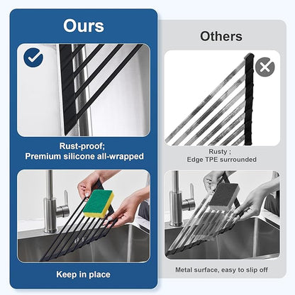 Triangle Roll Up Dish Drying Rack with Silicone Coated and Stainless Steel Over The Sink, Foldable, Anti-Rust and Anti-Slip Kitchen Drainer & Organizer for Top of Sink Corner, Black